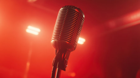 A striking vintage microphone stands tall against a backdrop of dramatic red lighting, perfect for capturing the essence of music, performance, and artistic expression.の素材
