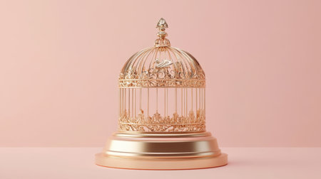 An elegant ornate birdcage in stunning gold finish sits against a soft pink background, perfect for enhancing any stylish home decor or thematic event.の素材