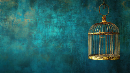 A stunning vintage golden birdcage hangs against a textured blue backdrop that features artistic patina, creating a serene and elegant ambiance.の素材
