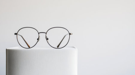 This stock photo features elegant eyeglasses placed on a minimalistic surface, highlighting their sleek design against a softly lit backdrop.の素材