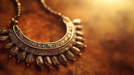 A beautiful antique necklace displayed elegantly on a warm, rustic surface, illuminated with soft backlight, showcasing intricate craftsmanship and design.の素材