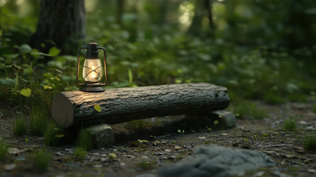 A rustic lantern sits atop a log in a serene forest, surrounded by soft green foliage. This imagery captures the calmness of nature, perfect for outdoor enthusiasts.の素材