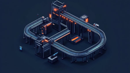 This image showcases a futuristic conveyor system design featuring sleek machinery and industrial elements on a dark background, ideal for technology and logistics themes.の素材