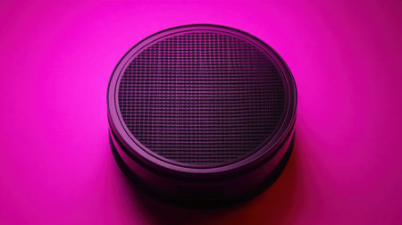 A close-up shot of a round black speaker set against a vibrant purple background, showcasing modern design and technology in sound and audio equipment.の素材