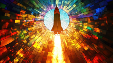 A stunning visual of a rocket launching through a colorful stained glass background, symbolizing imagination, adventure, and exploration in vibrant tones.の素材