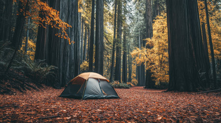 A serene campsite featuring a tent nestled amidst towering redwood trees, with autumn foliage creating a stunning backdrop of vibrant colors.の素材