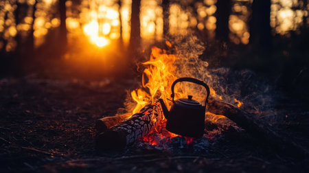 A picturesque campsite scene featuring a kettle perched over a warm campfire, surrounded by glowing embers and tall trees as a beautiful sunset illuminates the sky.の素材