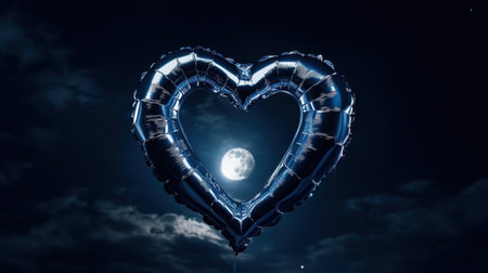 A captivating silver heart balloon floats under a bright moon, set against a dark night sky, evoking feelings of love and celebration.の素材