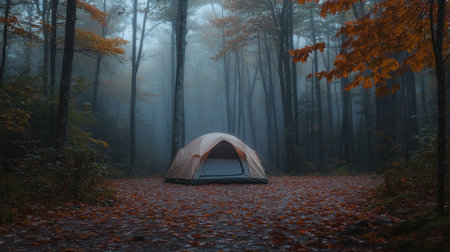 Capture the essence of nature with this awe-inspiring camping scene, showcasing a tranquil tent surrounded by misty woods and vibrant autumn leaves.の素材