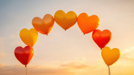 A stunning display of heart-shaped balloons in vibrant shades of orange and yellow against a beautiful sunset sky, creating a joyful and festive atmosphere perfect for celebrations and romantic moments.の素材