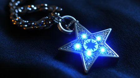 This captivating star pendant features bright blue LED lights, showcasing a stunning design on a stylish chain. Perfect for adding elegance to any outfit.の素材