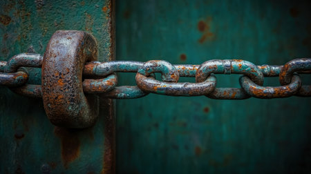 This close-up image features a rusty chain link and a lock against a distressed teal background, highlighting the beauty of decay and texture.の素材