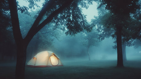 Experience the calming beauty of a tranquil camping scene at night, featuring a softly illuminated tent surrounded by misty trees and fog, ideal for adventure enthusiasts.の素材