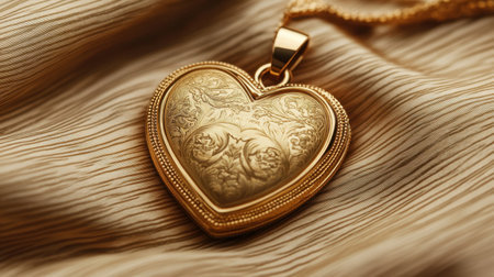 This stunning image captures an elegant golden heart pendant, showcasing intricate floral engravings, resting on a soft satin background, perfect for jewelry lovers.の素材