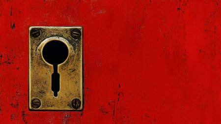 This detailed image showcases a vintage keyhole embedded in a red wooden surface, featuring rich textures and patina, perfect for artistic projects.の素材