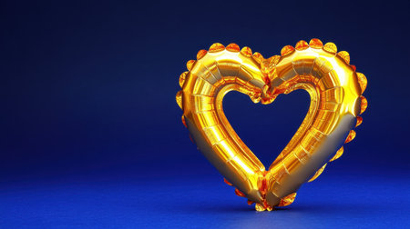 A striking golden heart-shaped balloon stands out against a deep blue background, perfect for romantic celebrations or festive decorations.の素材