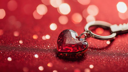A delightful close-up of a red heart-shaped keychain that sparkles against a festive red background with captivating bokeh lights, perfect for romantic occasions.の素材