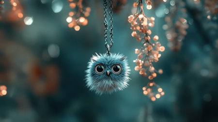 A charming fluffy owl pendant hangs delicately on a shimmering chain, surrounded by enchanting flowers, creating a whimsical and dreamy atmosphere.の素材