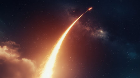 A stunning image of a rocket ascending into a dark starry sky, leaving a trail of bright flames and showcasing the beauty of the cosmos. Perfect for themes of exploration and technology.の素材