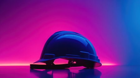 A blue construction helmet sits against a vibrant gradient background of purple and blue, symbolizing safety and industry. The silhouette showcases modern design and protective gear.の素材