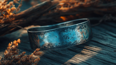 A close-up image of a rustic silver bracelet set against a backdrop of weathered wood and dried flowers, showcasing unique textures and organic beauty.の素材