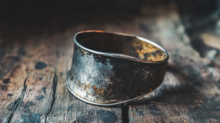 This captivating image showcases a rustic silver cuff bracelet resting on a weathered wooden surface, highlighting its unique patina and intricate textures.の素材