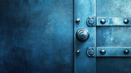 This image showcases a close-up view of a rustic blue metal door featuring a round handle and detailed lock mechanism, perfect for design projects.の素材