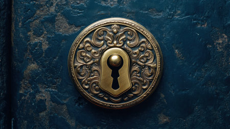 A close-up view of an ornate vintage keyhole set against a richly textured blue door, highlighting intricate design elements and a classic feel.の素材