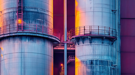 This striking image showcases the unique architecture of industrial structures, featuring vivid colors and reflections that enhance the modern manufacturing atmosphere.の素材