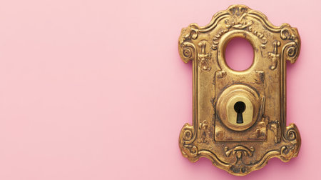 This image features an antique decorative door lock and keyhole against a soft pink background, highlighting its vintage style and intricate design elements.の素材