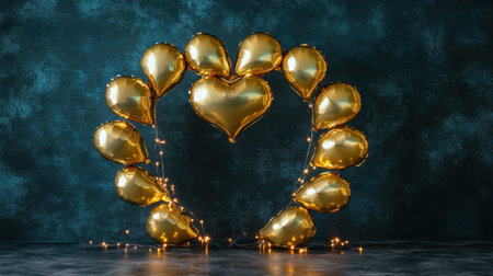 This artistic photo features a heart-shaped arrangement of golden balloons glowing with twinkling fairy lights against a dark backdrop. Perfect for celebrations.の素材