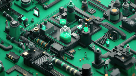 This abstract representation captures a green electronic circuit board, showcasing microchips and intricate components in a modern layout, emphasizing technology and innovation.の素材