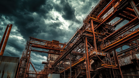 A captivating view of an industrial complex featuring rusting steel structures under an ominous dark sky, highlighting the contrast between nature and human engineering.の素材