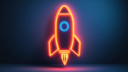 This striking neon rocket icon features a vibrant glow against a dark background, symbolizing innovation, exploration, and the excitement of adventure in modern design.の素材