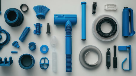 An artistic arrangement of various blue household cleaning components set against a clean white background, showcasing a variety of tools and accessories.の素材