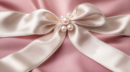 This image showcases a soft pink fabric adorned with an elegant satin bow and decorative pearls, ideal for enhancing various decorative projects and fashion items.の素材