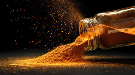 A stunning image of bright orange spice powder spilling from a glass jar, showcasing its texture and color against a dark background, ideal for culinary use.の素材