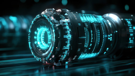 This image showcases a futuristic technology device featuring glowing blue light and intricate digital circuits, embodying innovation and modern design.の素材