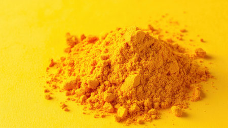 A bright yellow pile of fine powder sits on a vibrant yellow background, showcasing a rich texture and color contrast perfect for culinary and artistic projects.の素材