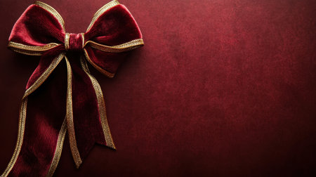 This image features an elegant red velvet bow with gold trim, beautifully placed against a rich burgundy background, ideal for gift wrapping and festive decor.の素材