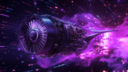 This futuristic engine showcases a sleek design enhanced by dynamic purple light trails, capturing a sense of speed and innovation in aerospace technology.の素材