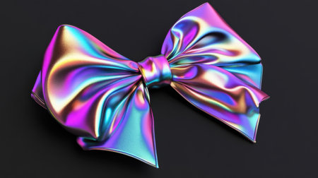 This striking image features a vibrant iridescent bow with colorful reflections, set against a sleek black background. Ideal for festive decorations or design elements.の素材