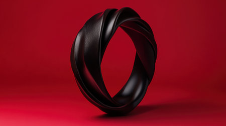 This captivating image features an elegant black twisted bracelet on a striking red background, highlighting its modern design and intricate texture.の素材