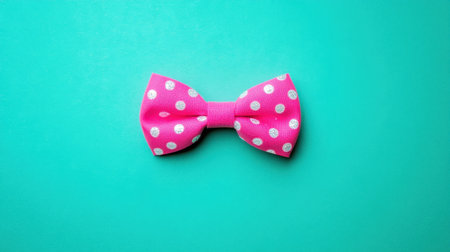 A vibrant pink bow tie adorned with white polka dots rests on a bright teal background, ideal for fashion, party decorations, or creative projects.の素材