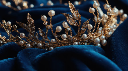 This elegant golden crown featuring pearls rests gracefully on soft blue velvet. The detailed design highlights luxury and sophistication, perfect for fashion and royalty concepts.の素材