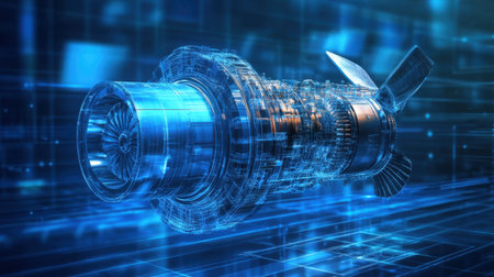 This image showcases a detailed 3D model of a futuristic engine design, emphasizing advanced technology and digital elements in a high-tech environment.の素材