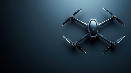 This image features a modern drone designed for aerial photography and videography, highlighting its sleek shape and advanced technology against a dark background.の素材