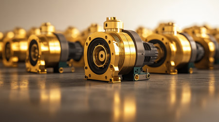 This image showcases a detailed view of metallic pump devices arranged on a reflective surface, highlighting their intricate design and industrial application.の素材