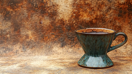 A handcrafted ceramic coffee dripper sits elegantly with dark brewed coffee against a rustic textured background, showcasing a warm and comforting beverage experience.の素材