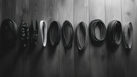 A monochromatic arrangement of various hair accessories showcases elegance and style. The smooth wood background enhances the focus on each piece. Perfect for fashion or beauty themes.の素材